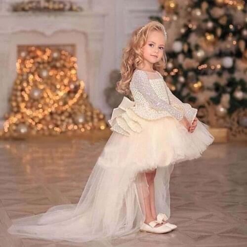 Puffy Sequin Mesh Ball Gown Girl Party Dresses Kids Layers Flower Girl Dresses Glitter Bow Knot Princess Dress New Year Birthday