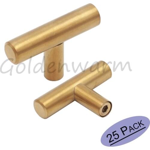 Goldenwarm Brushed Brass Cabinet Handle T Bar Drawer Door Knobs Furniture Drawer Pulls Cabinet Hardware 25 PCS