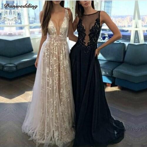 Sexy Deep V-Neck Sheath Evening Dresses Backless Floor-Length Refinement Lace Prom Dress Illusion Zipper Boho Party Dresses