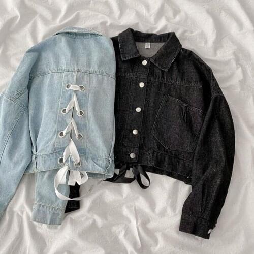 Streetwear Style Women Denim Jacket 2021 Spring Autumn Short Coat Long sleeve Bandage Tops Female Loose Casual Jean Jackets