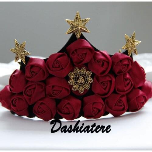 Christmas Wine Red Rose Crown Masquerade Ball Theme Party Headband Women Tiara Goddess Queen Bridal Wedding Accessories