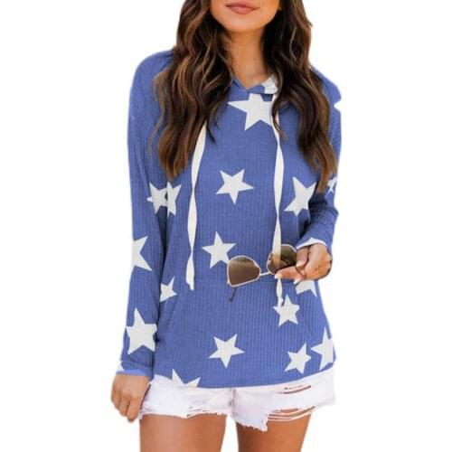Women Hoodie Five-Pointed Star Print Hooded Autumn Winter Large Pocket Drawstring Sweatshirt Sportswear