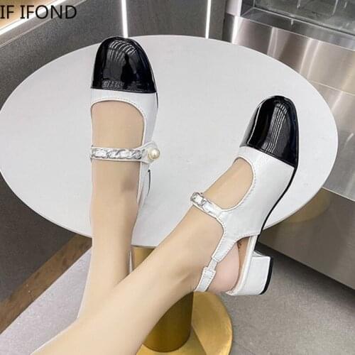 IF IFOND Metal Chain Buckle PU Leather Sandals Women Fashion Mixed Colors Round Toe Shoes Women Back Strap High Heels Shoes 2021