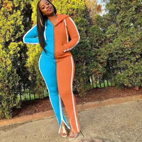 Orange Blue Color Block Two Piece Set Tracksuit for Women Hooded Full Sleeve Jackets and Split Hem Sweatpant Workout Sweatsuit