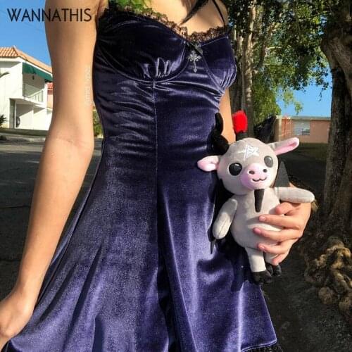 WannaThis Purple Party Dress Women Velvet Mini Dress Summer Spaghetti Strap V-Neck Hight Waist Slim A-line Dress Patchwork Lace