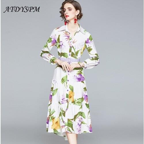 Autumn Women Floral Printed Dress Loose Lapel Breasted Shirt Dresses Lady Long Sleeve Casual Party Dresses Vestidos Free Belt