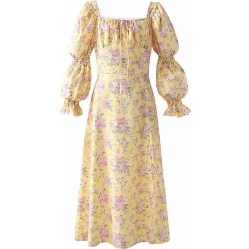 New Women Vintage Floral Printed Dress Long Princess Sleeves Square Neck Court style Long Dresses Woman Robe