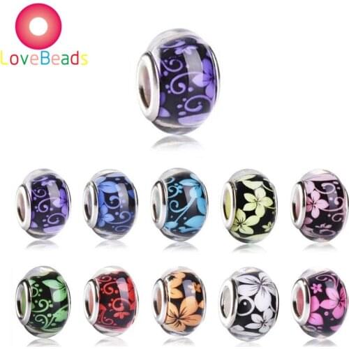10 Pcs Purple Red Green White Pink Blue Color Flower Beads Big Hole Spacer Beads Fit Pandora Bracelet Charm for Jewelry Making