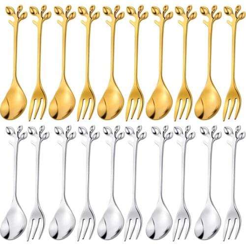 10pcs Leaf Coffee Spoon Cake Fruit Fork Tableware Set Sugar Stir Mixing Ice Cream Dessert Teaspoon Cocktail Stirring Spoons