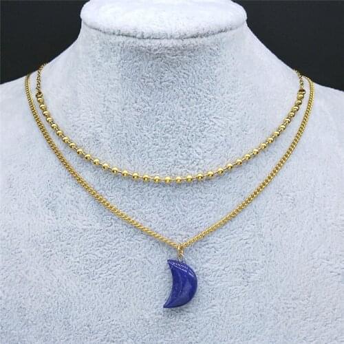 2PCS Moon Lapis Lazuli Stainless Steel Bead Layered Necklace Women Gold Color Chain Necklaces Jewelry collier lune ND25S04