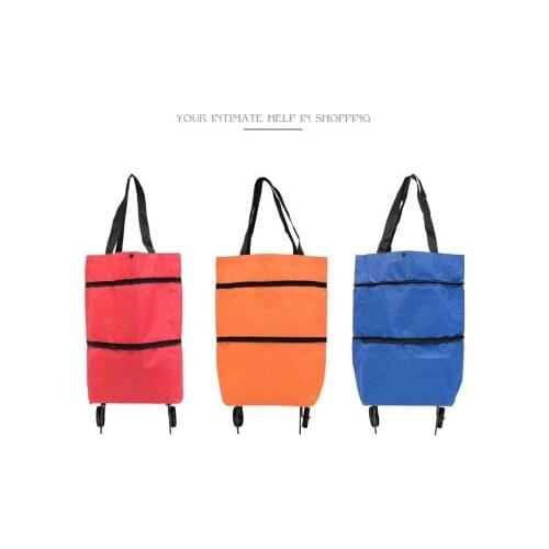 2021 Foldable Shopping Trolley Cart Foldable Reusable Eco Large Waterproof Bag Luggage Wheels Basket Non-Woven Market Bag Pouch