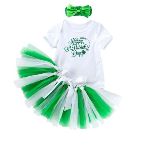 Baby Girls 3pcs Sets Cotton Polka Dots Romper Seperated TUTU Skirt Baby Clothing Saint patrick Infant Girl Bow Headband