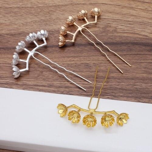 5 PCS Vintage Metal Alloy KC Gold/Gold/Silver color Flowers Hair Sticks Base Setting Hair Accessories For Jewelry making