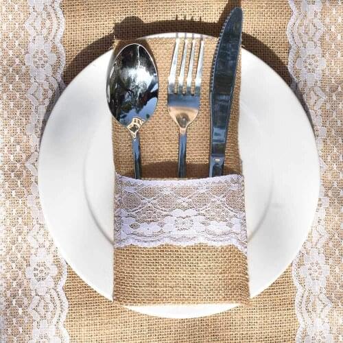 50pcs 4"x 8" Hessian Burlap Lace Wedding Cutlery Holder Pouch Rustic Party Xmas Even Supply Favor Decor