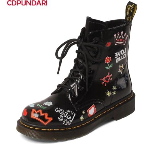 Ladies Graffit Genuine Leather Med Heels Platform Ankle Boots Women Autumn Winter Punk Martin Short Boots Shoes Botines Mujer