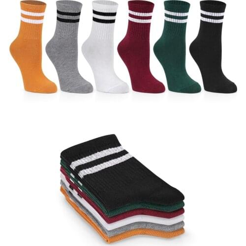 Womens 6 Pcs Mixed Color Socks Striped College Tennis Socks Soft Lady Socks Team Live Colors Gift Stockings Set