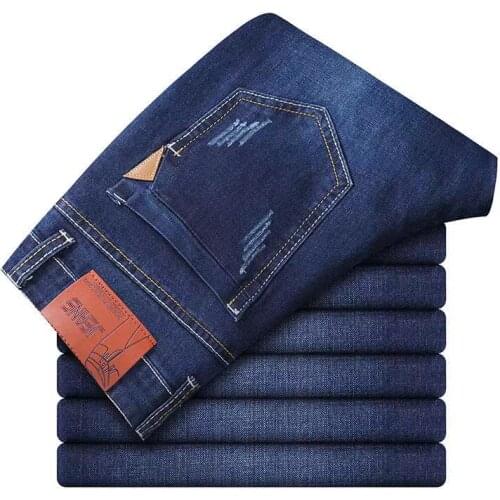 ICON Classic Style Men Brand Jeans Business Casual Stretch Slim Denim Pants Light Blue Black Trousers Male