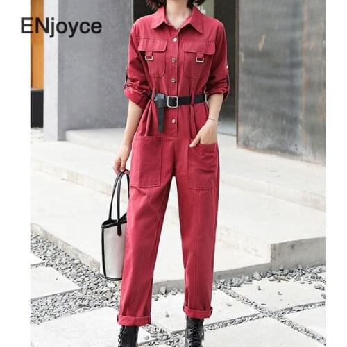 Fashion Claret Women High Street Quality Jumpsuits with Belt Grey Spring Fall Pockets Ladies Playsuit Handsome Slim Jumpsuit