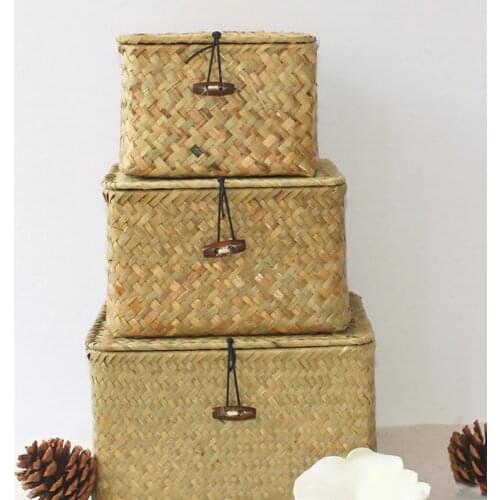 Storage Basket Handmade Straw Woven With Lid Sundries Organizer Makeup Food Clothes Container Flower Storage Bins Home Supplies