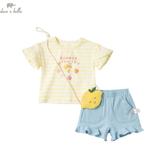 DBJ17760 dave bella summer baby girls cute cartoon striped clothing sets kids fashion sets children with a small bag 3 pcs suit