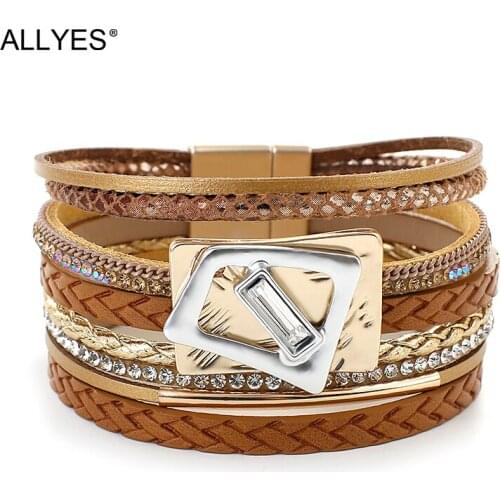 ALLYES Mulitilayer Braid Leather Bracelets For Women Fashion Square Metal Charms Crystal Trendy Wrap Bracelets Female Bangles