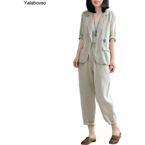 Three Quarter Sleeve Solid Color Suit Pants Cotton Linen Fashion Casual Black Embroidery Two Piece Sets Outfits For Women