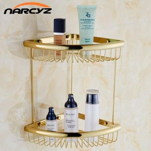 Bathroom Shelves Golden Brass Material With Robe Hook 2-Tier Bathroom Storage Basket Wall Mounted Bathroom Shelf Silver 9097K