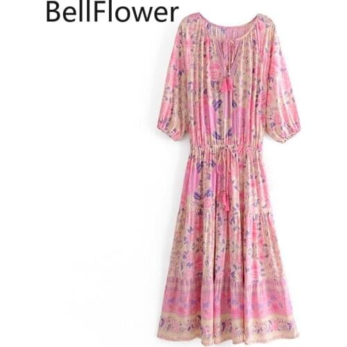 Pink Print Dress for Women 2021 Bohemian Loose Knee-Length Lantern Sleeve V-Neck Tassel Bandage Summer Dresses Clothing Women