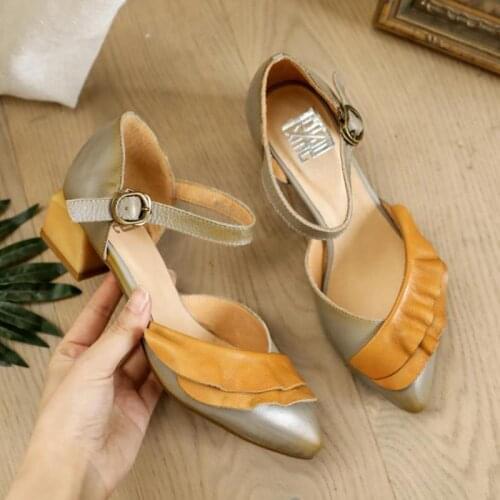 Women Leather Sandals Pointed Toe High Heels Retro Shoes Summer For Women High Heels Handmade Genuine Leather Women Sandals2021