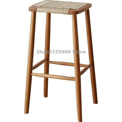 Nordic Simple Modern Household All Solid Wood Bar Stool Japanese Rope Made Cherry Wood Bar Chair Made Rattan Wood Stool