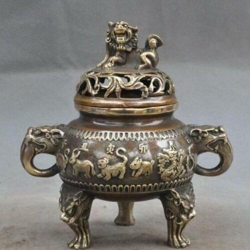 Old chinese bronze 12 zodiac foo dog lion beast statue incense burner Censer