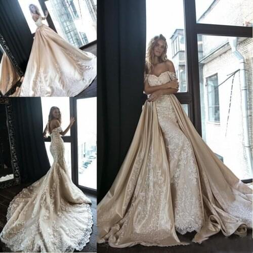 Vestido de noiva 2019 Stunning Champagne Mermaid Wedding Gowns with Detachable Satin Train Off Shoulder Full Lace Bride Dress