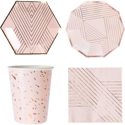 Party Disposable tableware Rose gold Pink Striped Paper Plates High grade Party Supplies Cup Plate Birthday Wedding Decorations