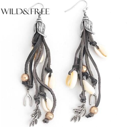 Wild&Free Handmade Bohemian Real Leather Tassel Earrings For Women Alloy Leaf Shell Pendant Dangle Earrings Ethnic Jewelry Gift