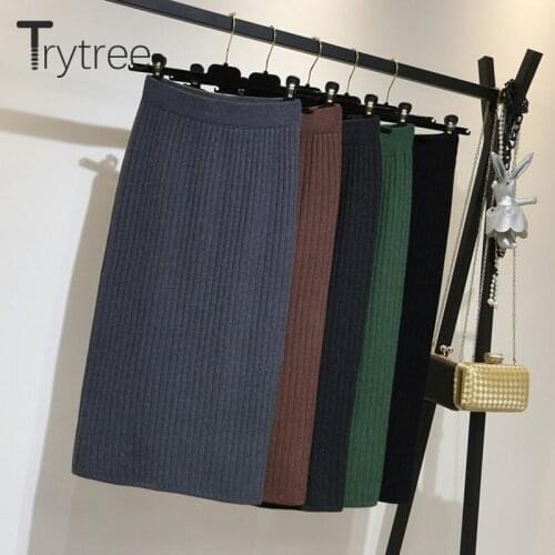 Ttytree 2020 Autumn Winter Womens Casual Skirt High Waist Knitting Solid Skirts Female Pleated Split hem Mid-Calf Thick Skirt