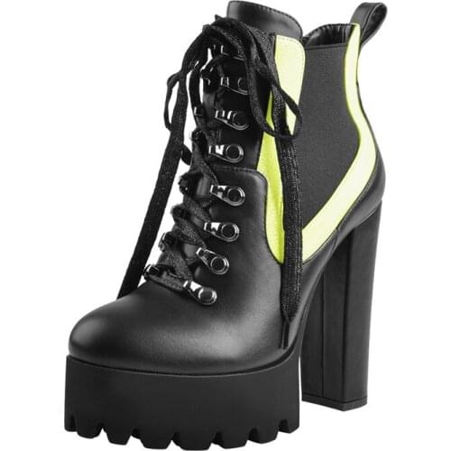 Richealnana Womens Chunky High Heel Platform Ankle Boots Lace Up Round Toe Big Size Fashion Thick Black Matte Booties