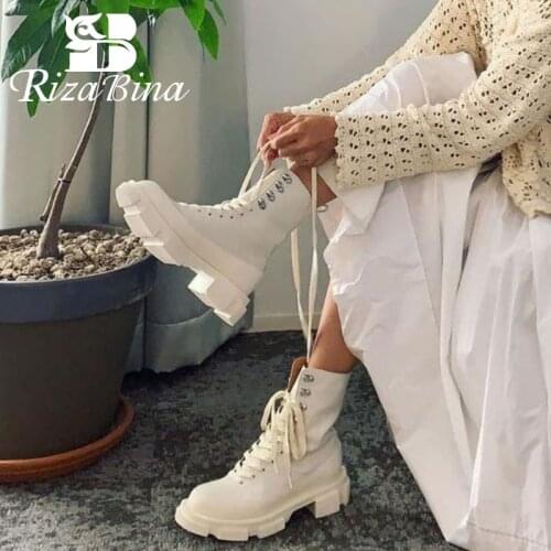 RIZABINA Women Short Boots Real Leather Fashion Platform Shoes Woman 2021 High Heel Winter Office Lady Footwear Size 34-42
