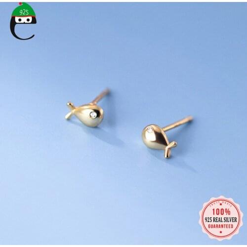 ElfoPlataSi Genuine 925 Sterling Silver Fashion Cute Small Fish Shiny CZ Stud Earrings For Women Sterling Silver Jewelry DD972