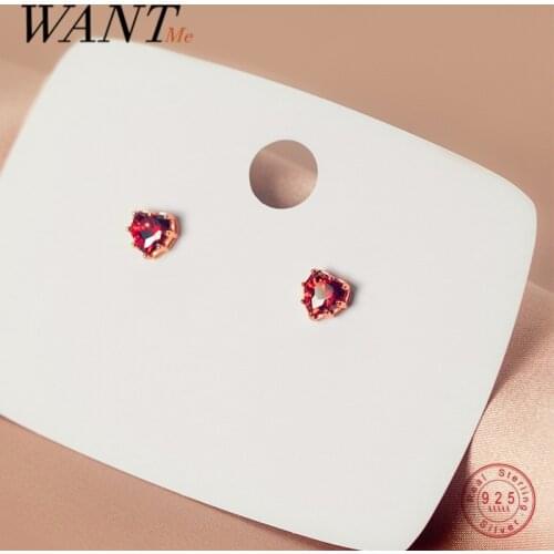 WANTME 925 Sterling Silver Charm Red Zircon Romantic Love Heart Small Stud Earrings for Women Teen Students Korean Chic Jewelry