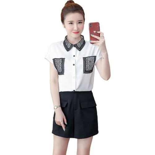 2021 New Summer 2 Piece Set Women Shorts Suits Fashion Lace Patchwork White Chiffon Shirt + Elastic Waist Black Shorts