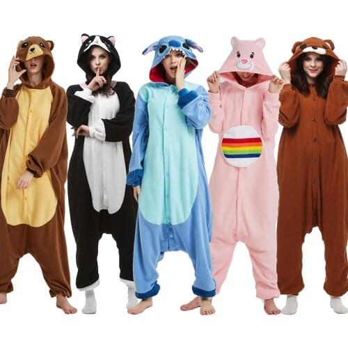Cat Bear Onesies Unisex Winter Cute Raccoon Wolf Deer Skull Onesies Women Nightwear Anime Costume Adults Fleece Sleepwear Pajama