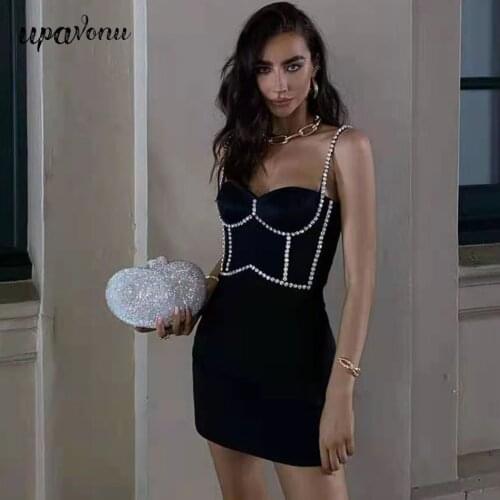 Free Shipping 2021 Summer Womens Black Bandage Dress Sexy Halter Sleeveless Bodycon Mini Dress Club Runway Party Diamond Dress
