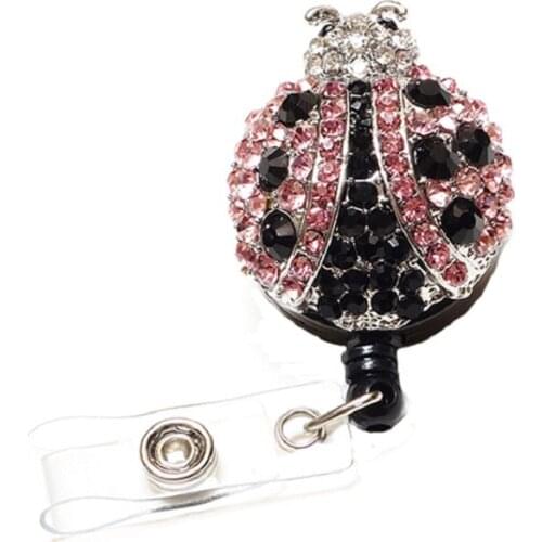 10pcs/lot 3kinds red/pink Cute Rhinestone ladybug Retractable animal ID Badge Holder reel for gift