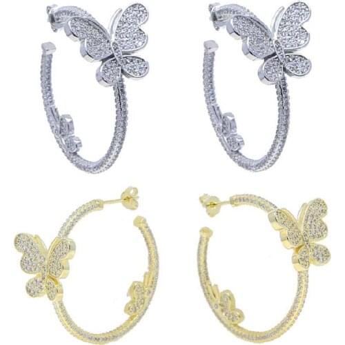 2021 European Fashion Delicate Double Butterfly Full CZ Paved Medium Hoop Earring 2021 Valentines Day Gift For Girlfriend Women