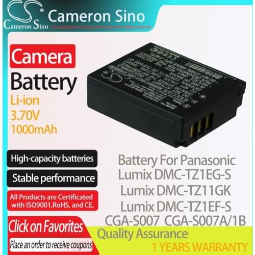 CameronSino Battery for Panasonic Lumix DMC-TZ1EG-S Lumix DMC-TZ11GK fits Panasonic CGA-S007 Digital camera Batteries 1000mAh