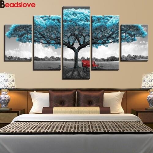 5D diy diamond painting 5pcs Big Blue Trees And Red Chairs full square round drill diamond embroidery mosaic cross stitch kits