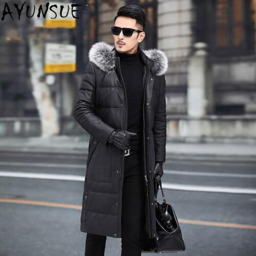 AYUNSUE Erkekler Parkas Winter Real Sheepskin Leather Jackets for Men Clothing Mens Down Jacket 100% Fox Fur Collar Ropa LXR822