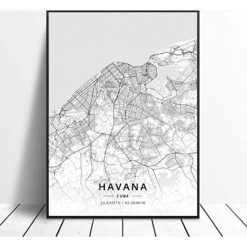Black and White Havana Cuba Latitude Longitude Canvas Art Map Poster