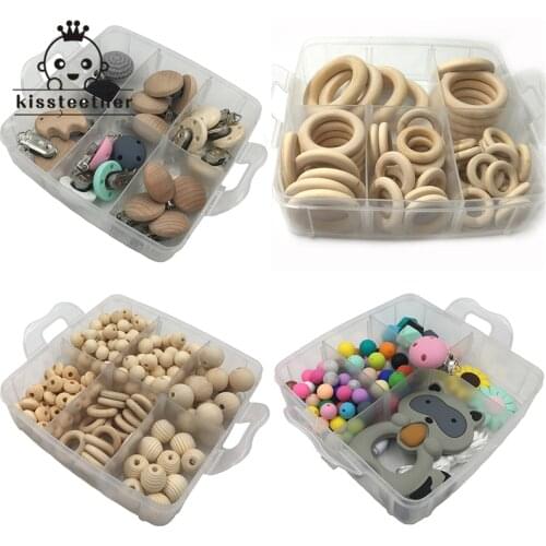 Baby Teether 4 Boxed Wood Beads Wooden Ring Teether Pacifier Clip Silicone Beads Raccoon Teether DIY Baby Teething Necklace
