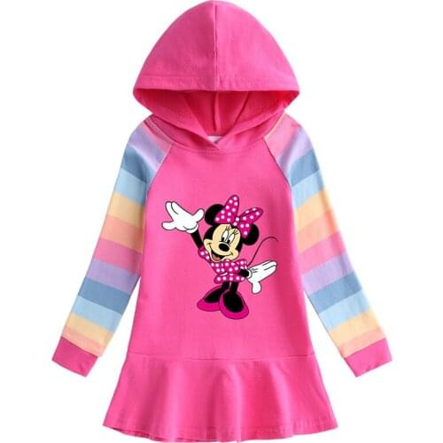 Disney Cartoon Minnie Hooded Dress Children Girl Mickey Rainbow Long Sleeve Cotton Dresses Autumn Clothing